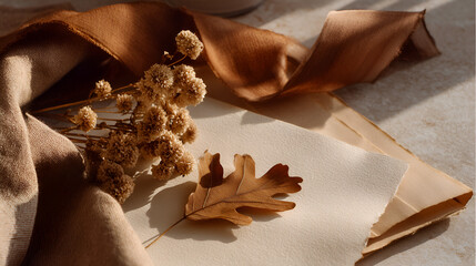 Autumnal still life with dried florals, leaf, ribbon, and paper evoking warmth and nostalgic memories.
