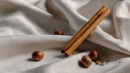 Hazelnuts and cinnamon sticks arranged on an elegant, light-colored, draped fabric backdrop.