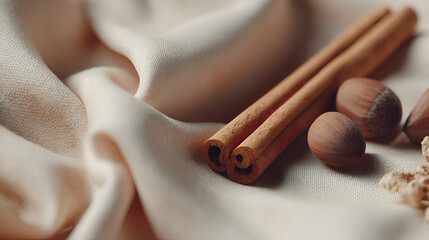 Aromatic composition with cinnamon sticks and hazelnuts resting on soft, neutral-colored fabric.