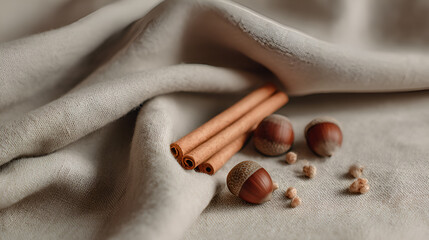 Rustic Still Life: Cinnamon Sticks and Acorns on Linen Fabric, perfect for autumn and cozy vibes.