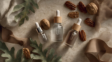 Elegant set of frosted glass dropper bottles with nuts and leaves, presented on a textured surface.