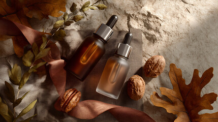 Autumnal serenity with elegant glass serum bottles, earthy hues, and natural accents for skincare.