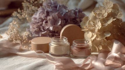 Earthy Tones and Hydrangeas: skincare and beauty products with soft, natural light and floral details.