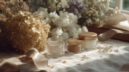 Elegance and beauty. A curated collection of skincare essentials, set against a backdrop of dried flowers.
