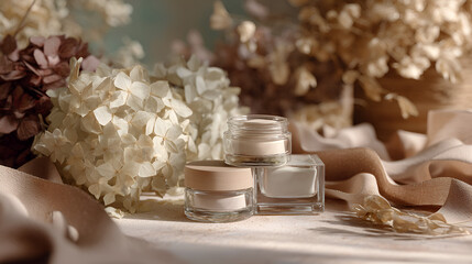 Skincare product display with cream jars against a floral backdrop and light beige ribbon. Elegant and minimalist.