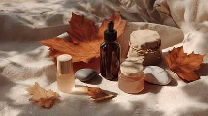 Autumnal skin care: natural containers, fall leaves, and river rocks arranged on a wrinkled cloth backdrop.