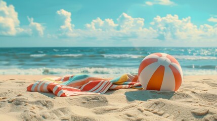 Obraz premium Beach scene with striped towels, inflatable ball, and sun umbrellas on golden sand under a bright blue sky, capturing the carefree spirit of a summer beach day