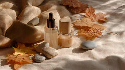 Earthy skincare and cosmetics. Beige tones, natural light, autumn leaves, and river stones for spa design.