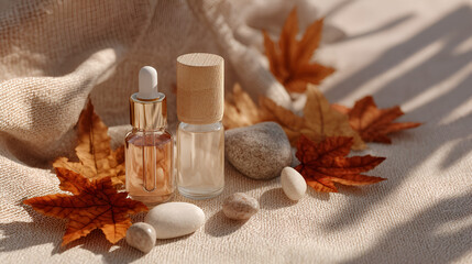 Autumnal Essence: Natural skincare serums with fallen leaves and stones on a textured beige surface.