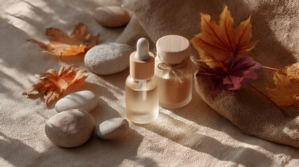 Autumnal spa: Bottles, stones, and leaves create a serene, natural skincare still life under dappled sunlight.