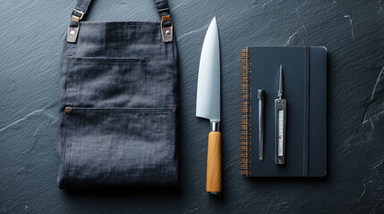 Flat lay of a professional chef's toolkit: folded apron, chef's knife, thermometer, and recipe notebook on a dark slate background, minimal style. stock image