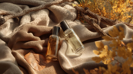 Elegant perfume bottles on a plush fabric surface, evoking a sense of luxury and natural autumn beauty.