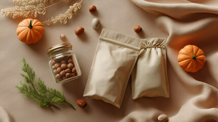 Neutral product display with pouches, jar of hazelnuts, and pumpkins on a textured surface. Autumn theme.