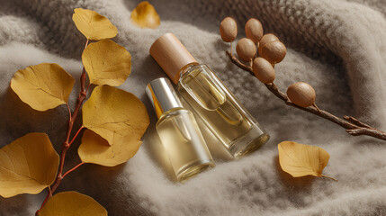 Glass bottles containing liquid are positioned on a cozy knit blanket next to autumn leaves and foliage.
