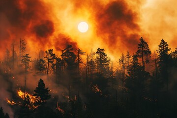 Intense wildfire burning through forest trees, orange smoke sky, environmental destruction, climate crisis impact.