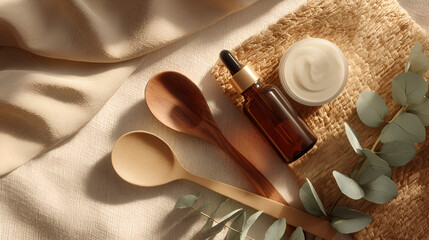 Neutral-toned skincare products, wooden spoons, and eucalyptus arranged on woven mat and cloth.
