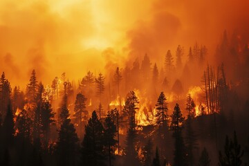 Intense wildfire burning through forest trees, orange smoke sky, environmental destruction, climate crisis impact.