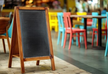 A blank wooden A-frame chalkboard stands outside a colorful cafe with blurred seating in the background