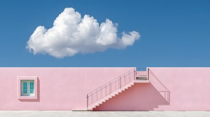 Pink wall with stairs and a cloud.
