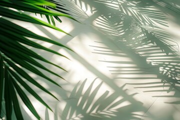 Palm leaf shadows cast across a beige wall in natural daylight, creating a minimalist and artistic tropical pattern perfect for backgrounds, design, or calming wall texture