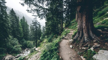 Obraz premium Hiking path winding through a lush mountain forest.