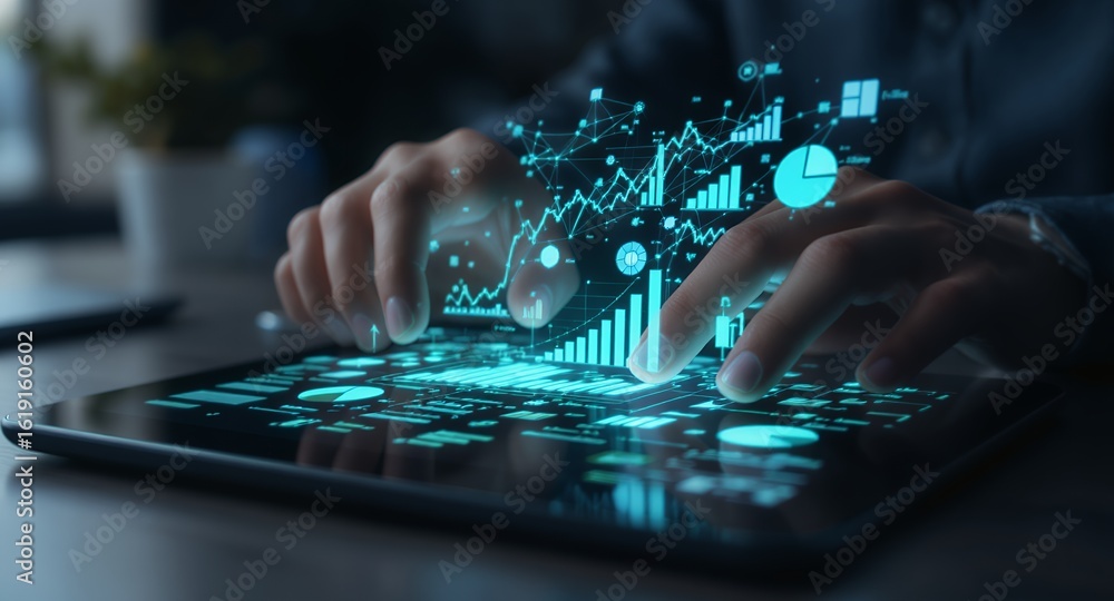 Poster hands interacting with a digital tablet displaying financial data.