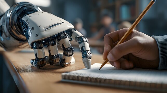 Robotic hand assists student writing, blending technology with education, representing future learning and collaborative study environment.
