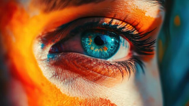 A close-up image of a person's eye with colorful, abstract paint splashes, giving it an artistic feel. The digital effect adds a modern touch to the shot.