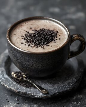 Black sesame latte in muted tone mug, realistic sesame garnish.