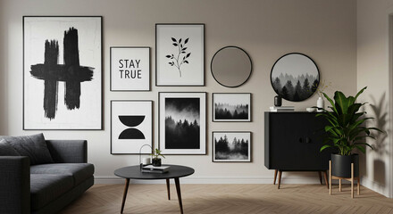 Modern Living Room Interior with Art Prints and Decor.