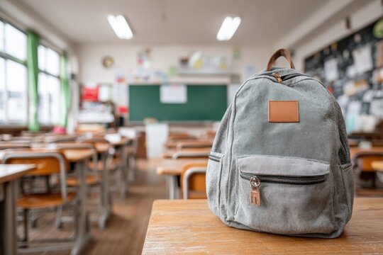 Gray backpack sitting on a desk in an empty classroom, suggesting back to school or absence of students
