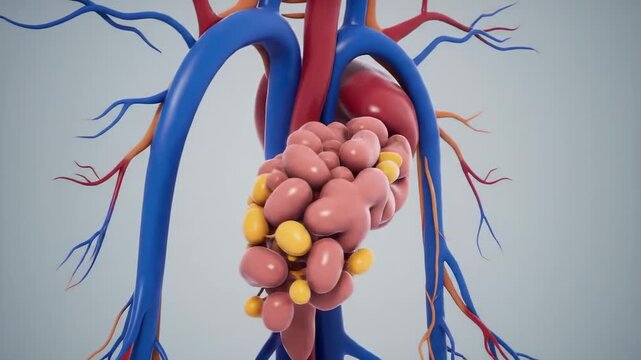 3D illustration of the human digestive system, highlighting organs and blood vessels