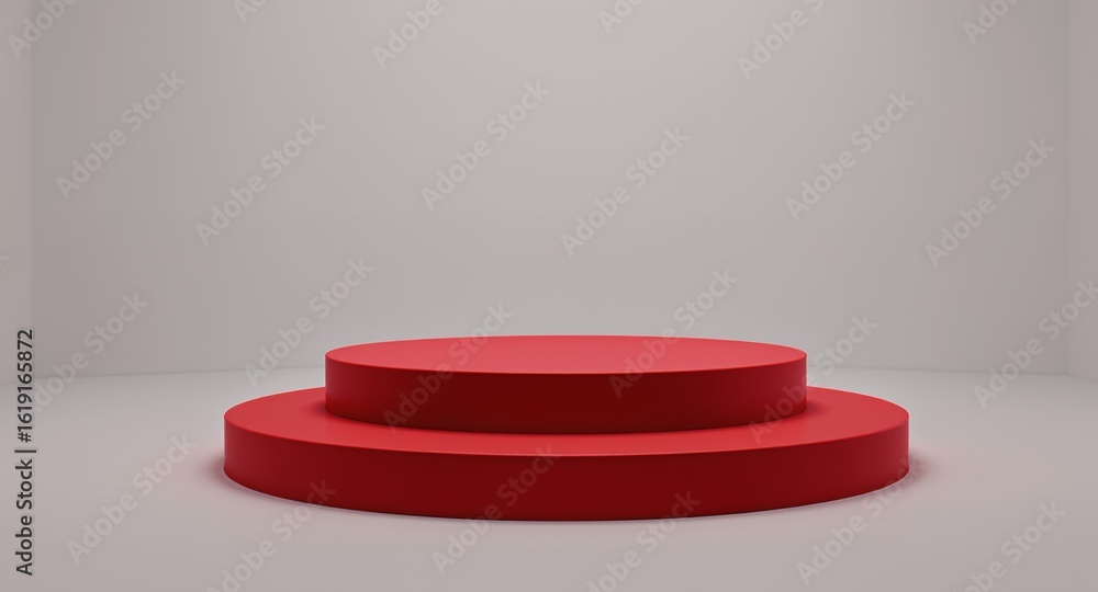 Poster two-tiered red circular display platform against a light gray background