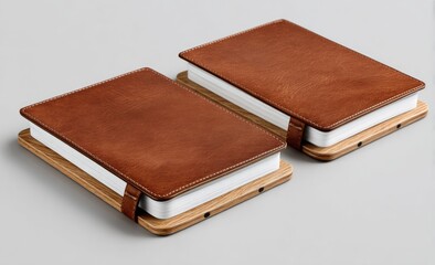 Two identical leather-bound books rest on light wood bases, showcasing a minimalist design with subtle stitching detail