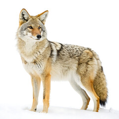 Fototapeta premium Coyote standing in the snow with its fur visible against a white background in a studio shot