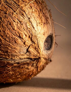 Detailed Close Up of a Brown Coconut with a Rough Textured Shell on a Beige Background