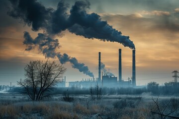 Industrial factory chimneys emitting thick black smoke, dry dying tree in foreground, pollution and global warming concept.