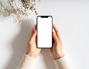Hands Holding Smartphone with Blank White Screen. Minimalist Mockup for App, Website, & Digital Content Display