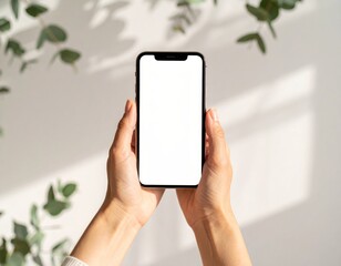 Hands Holding Smartphone with Blank White Screen. Minimalist Mockup for App, Website, & Digital Content Display
