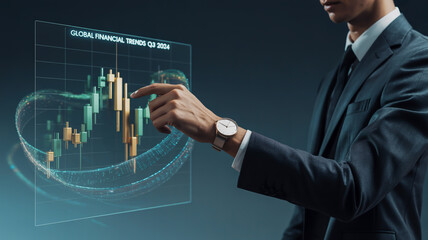 Man in suit interacting with futuristic holographic financial data chart finance business