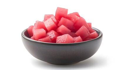 Captivating Bowl of Pink Pickled Radish Cubes, a Traditional Korean Side Dish