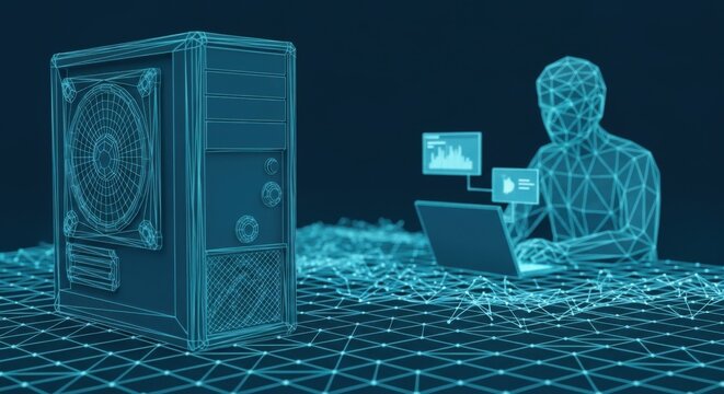 Futuristic Digital Computer Hardware and Data Analyst in Virtual Environment - Powered by Adobe