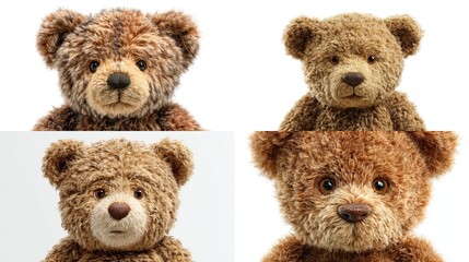 Four close-up shots of teddy bears, each showcasing a unique fur texture and subtle facial expression against a white background; variations in shades of brown