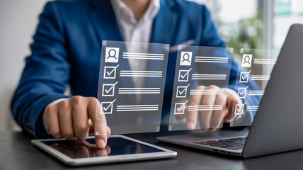 Person in blue suit interacting with digital checklist on transparent screens and tablet business technology