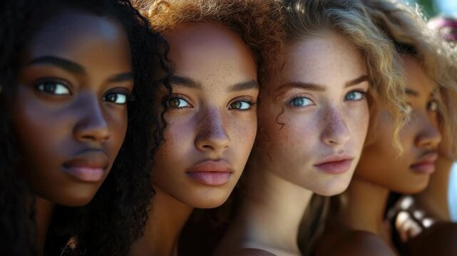 Close-up of six women showcasing ethnic diversity with a focus on their individual beauty.
