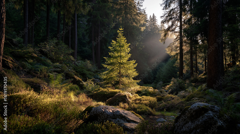 Poster sunlit forest: the scene captures a serene moment in a dense forest. sunlight streams through the tr