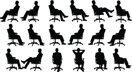 Silhouette of businessman in chair, various seating postures, office setup, ergonomic position, professional workspace, cad drawing flat vector illustrationSilhouette of businessman in chair, various 