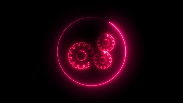 Spinning gear animation. glowing neon settings icon. Glowing neon line setting icon with spinning gears icon.cogwheel gear spinning around animation video. cog wheel icon turning animated background.