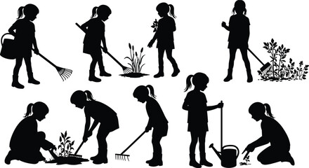 Silhouette of girls gardening with tools, planting, watering, raking, outdoor child activity, kids working in garden, black vector art © Parvej Creatives