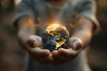 Faceless child holding small glowing Earth in cupped hands, dark background, hope for climate future, emotional symbolic concept.